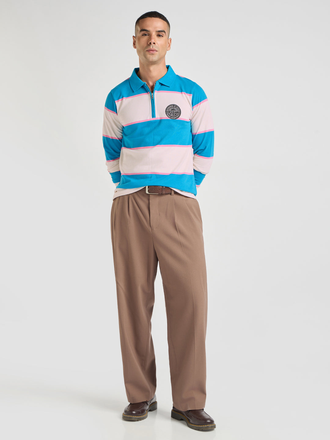 Mens Bold Stripes Regular Fit Zipper Polo Tshirt