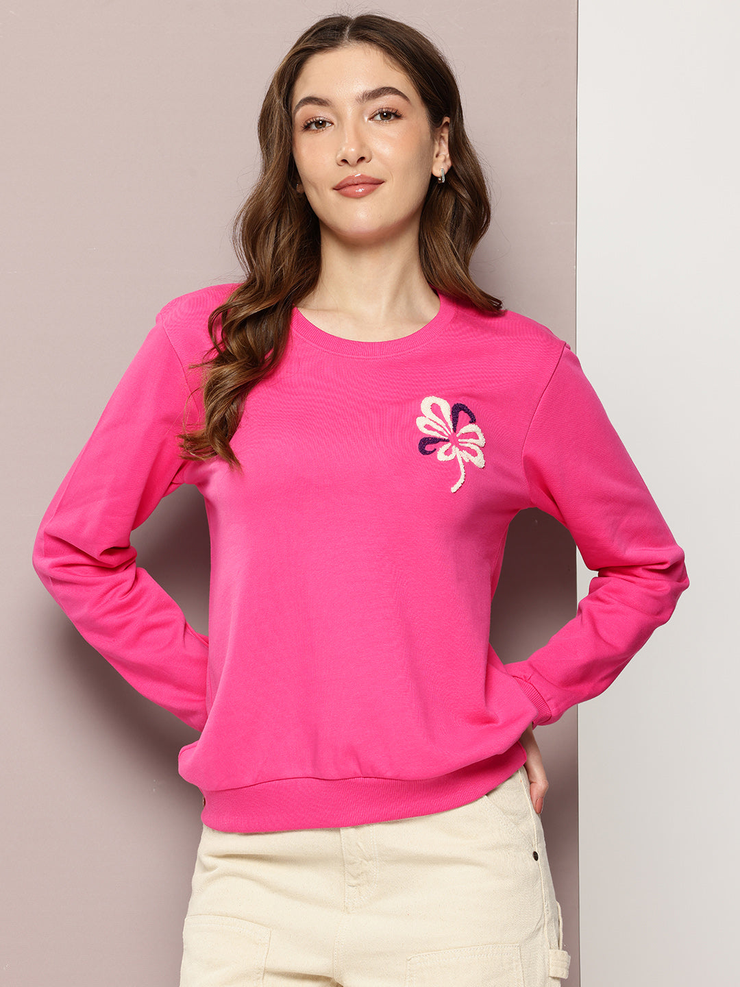 Womens Full Sleeve Round Neck Embroidered Relaxed Fit Tshirts