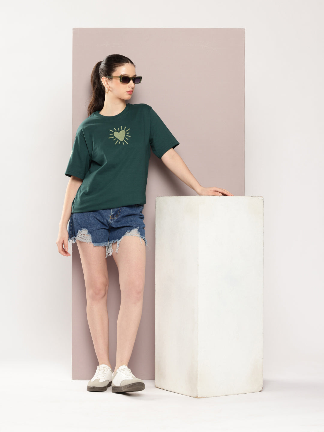 Womens Half Sleeve Round Neck Embroidery Oversized Fit Tshirts