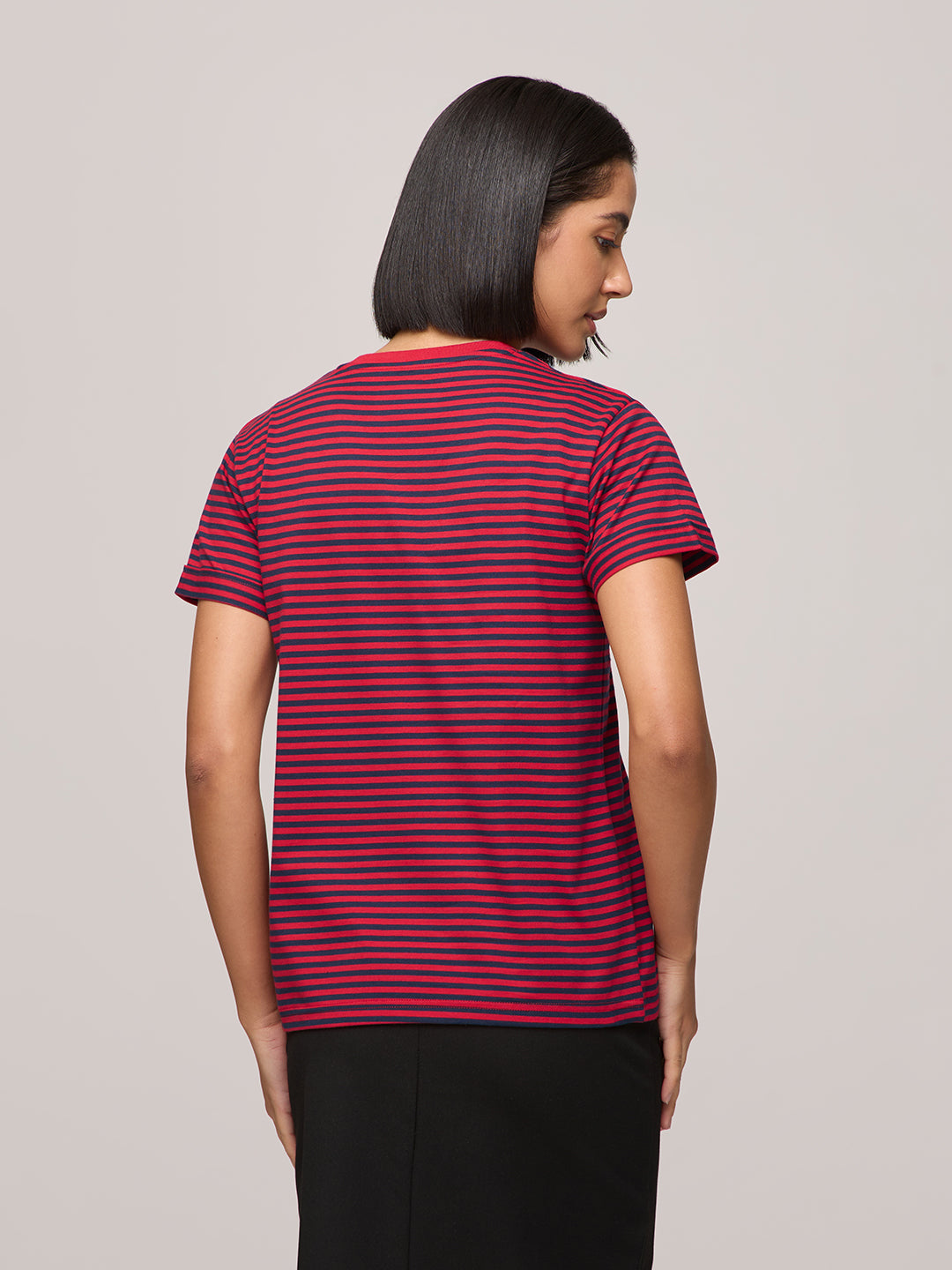 Womens Striped Regular Fit Cotton V-Neck T-Shirt