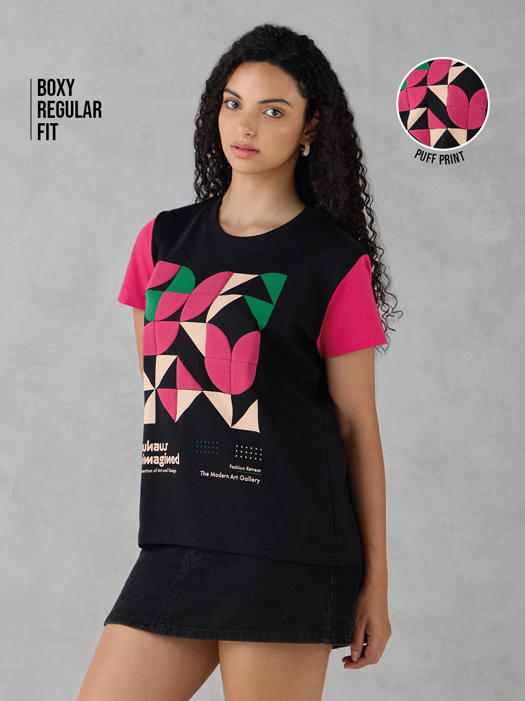 Womens Half Sleeve Puff Printed Boxy Regular Fit Tshirt