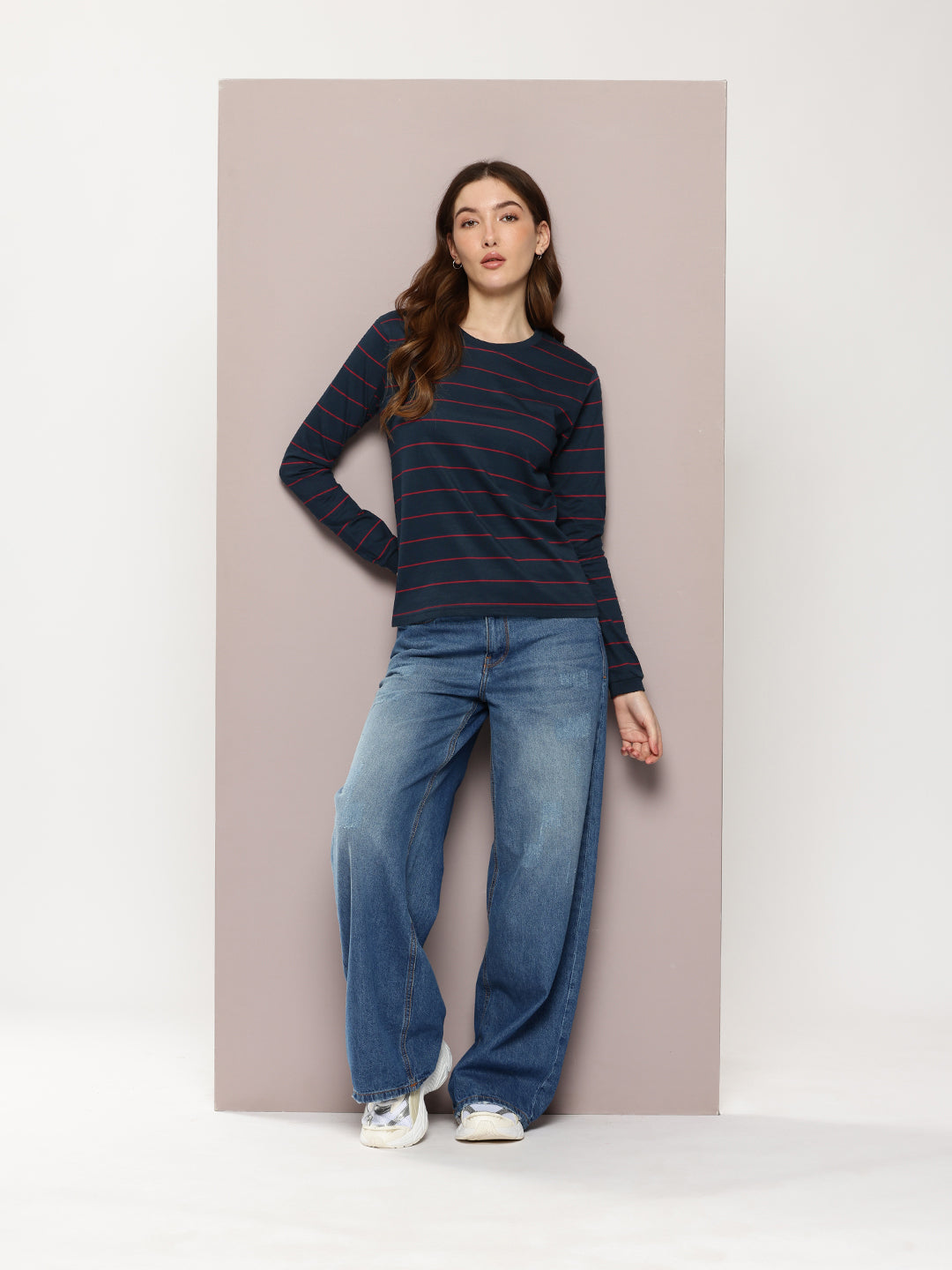 Womens Full Sleeve Round Neck Striped Regular Fit Tshirts