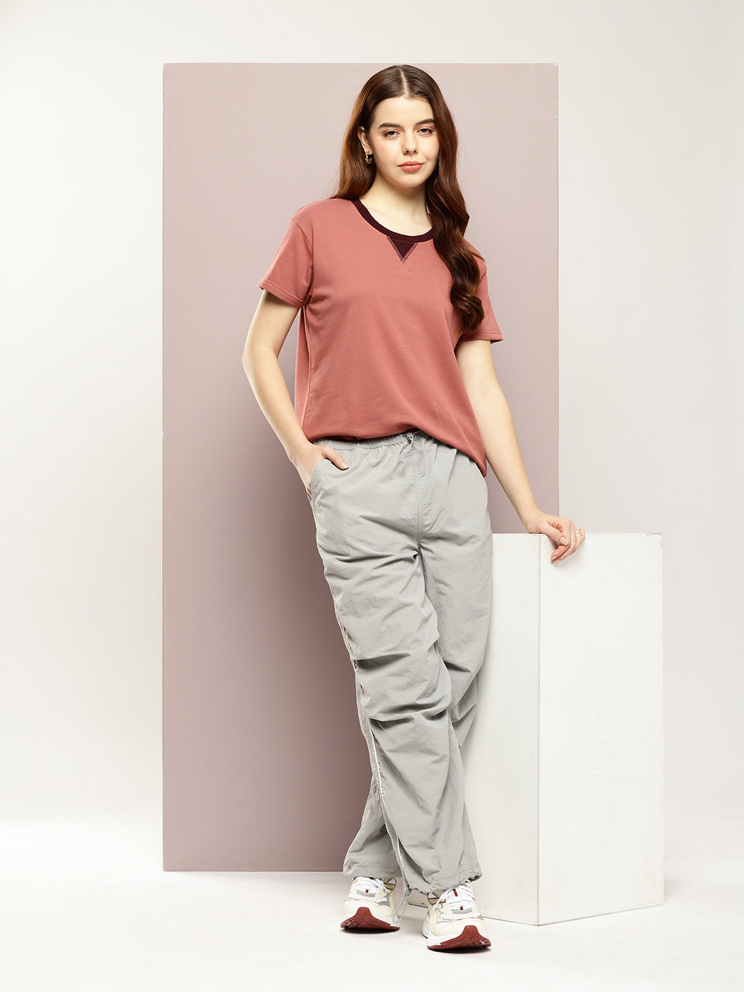Womens Half Sleeve V-Neck Solid Boxy Fit Tshirts