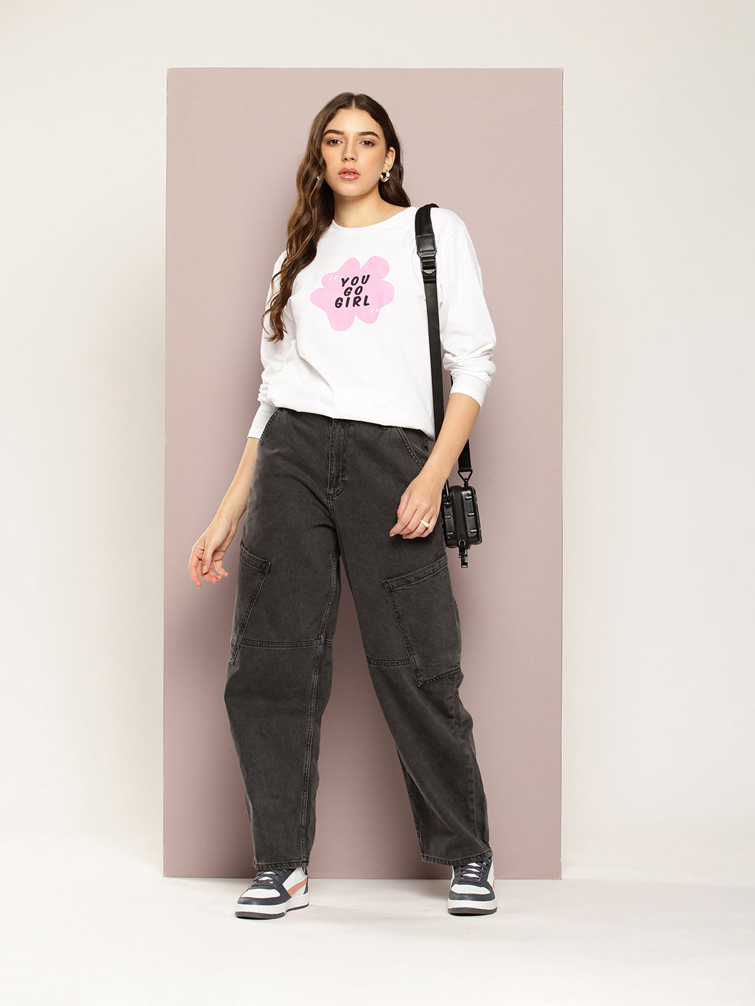 Womens Full Sleeve Round Neck Printed Oversized Fit Tshirts
