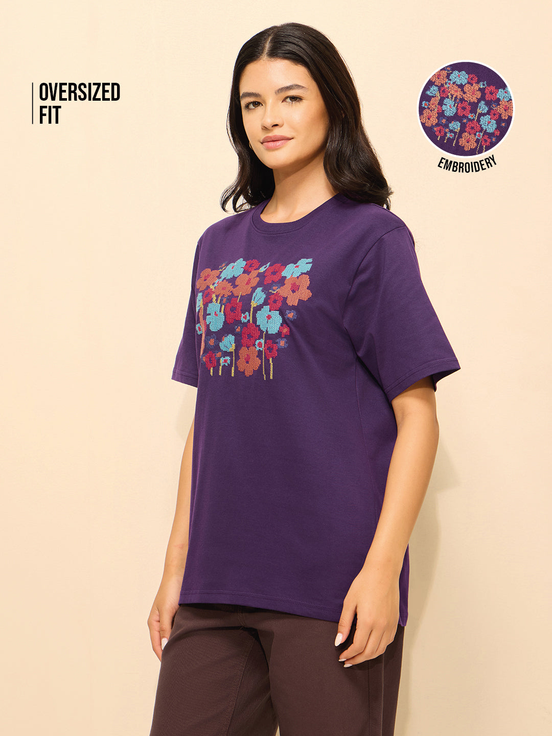 Womens Embroidery Oversized Fit Cotton T-Shirt