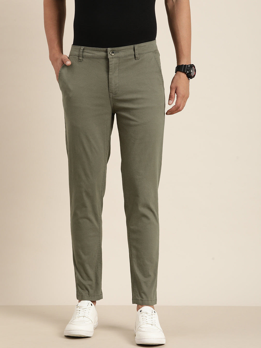 Men Solid Ankle-Length Chinos Trousers