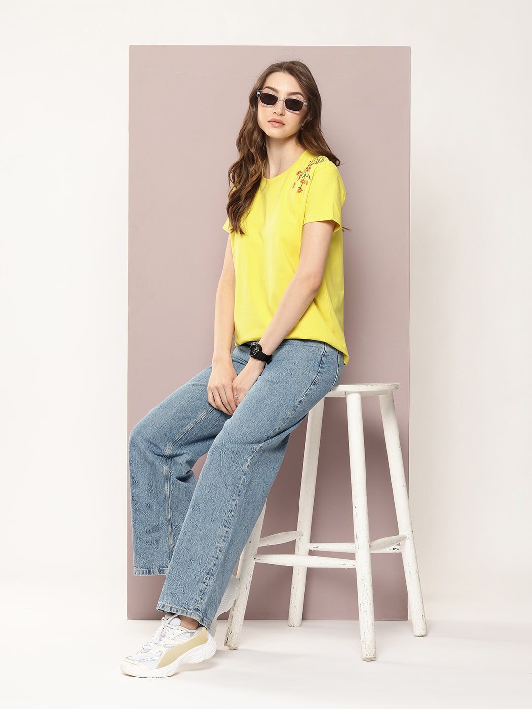 Womens Half Sleeve Round Neck Embroidered Boxy Fit Tshirts