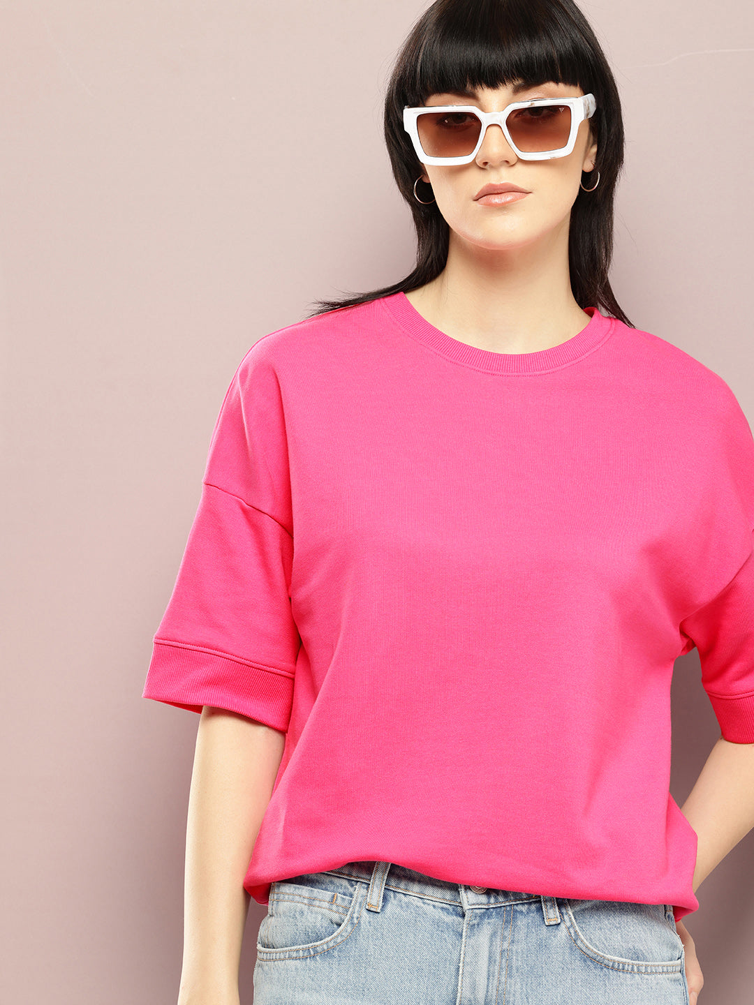 Womens Half Sleeve Round Neck Solid Oversized Fit Tshirts