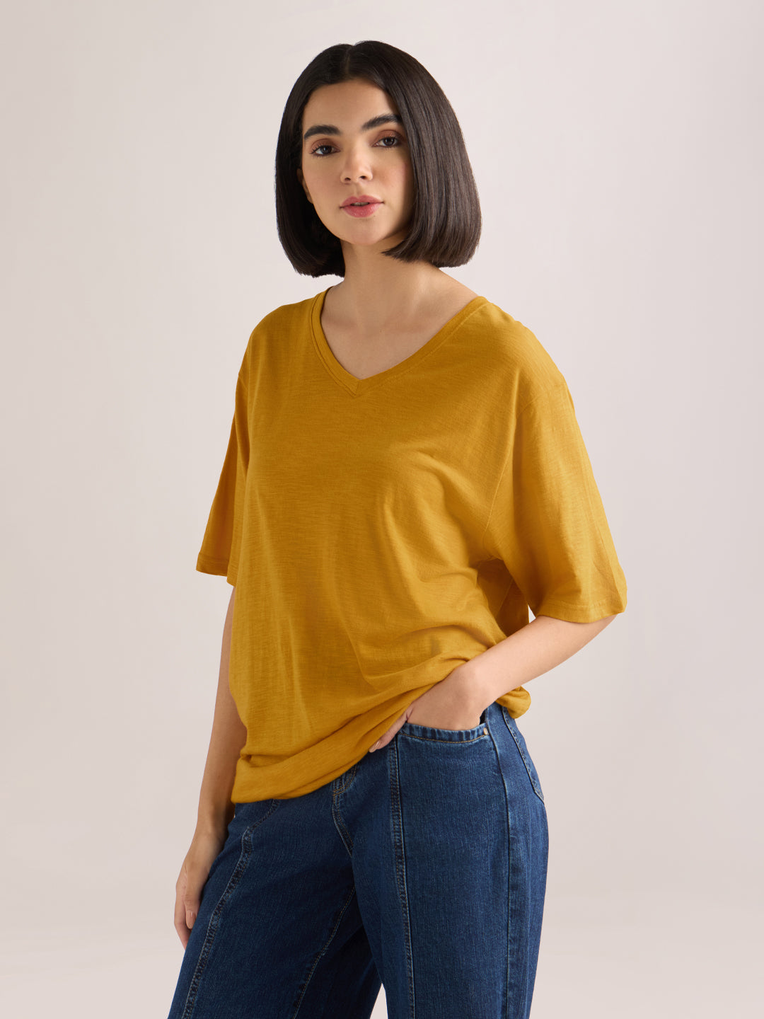Womens Solid Oversized Cotton Modal V-Neck Tshirt
