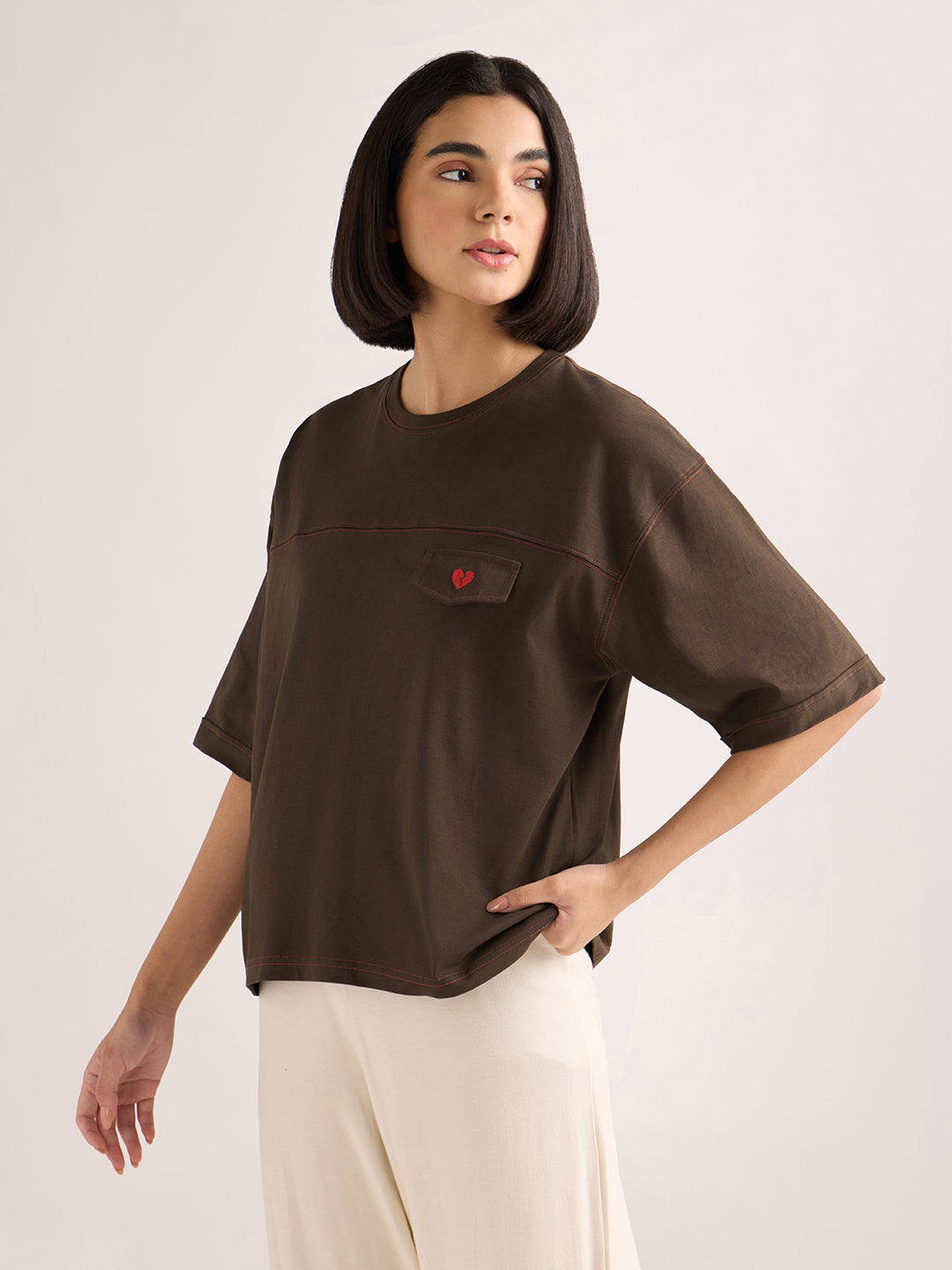 Womens Embroidery Boxy Regular Fit Cut & Sew Cotton Tshirt