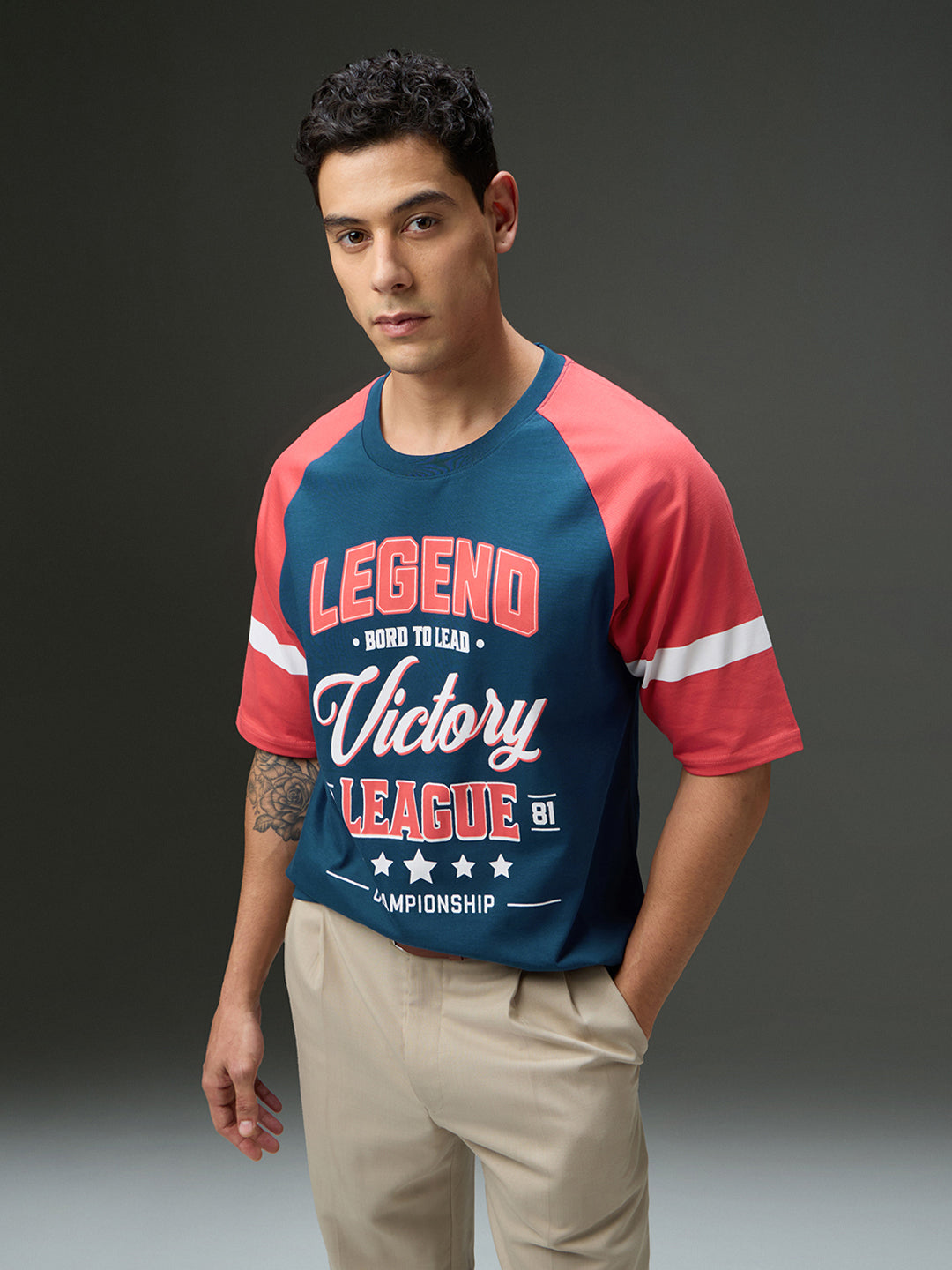 Mens Round Neck Raglan Sleeve Printed Oversized Fit Tshirt