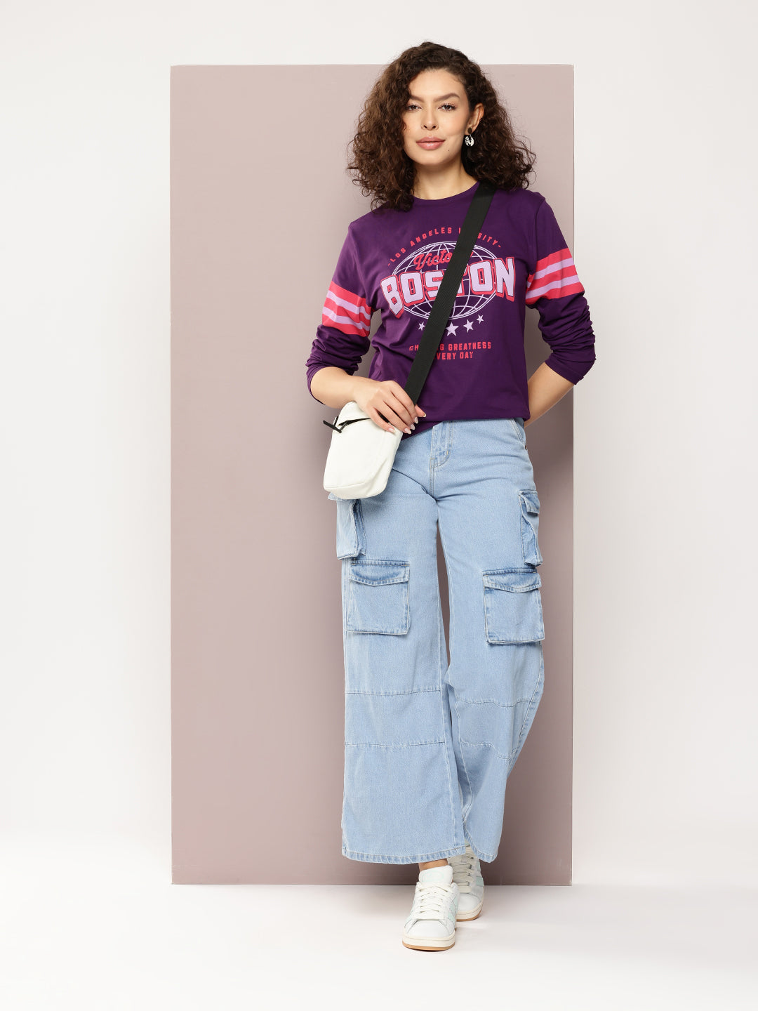 Womens Full Sleeve Round Neck Printed Oversized Fit Tshirts