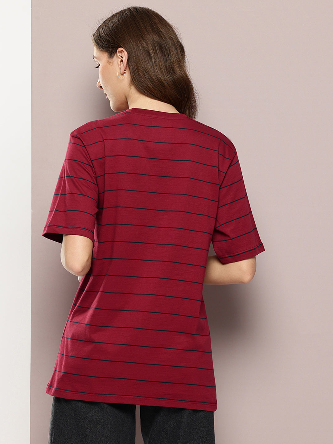 Womens Half Sleeve Round Neck Striped Oversized Fit Tshirts