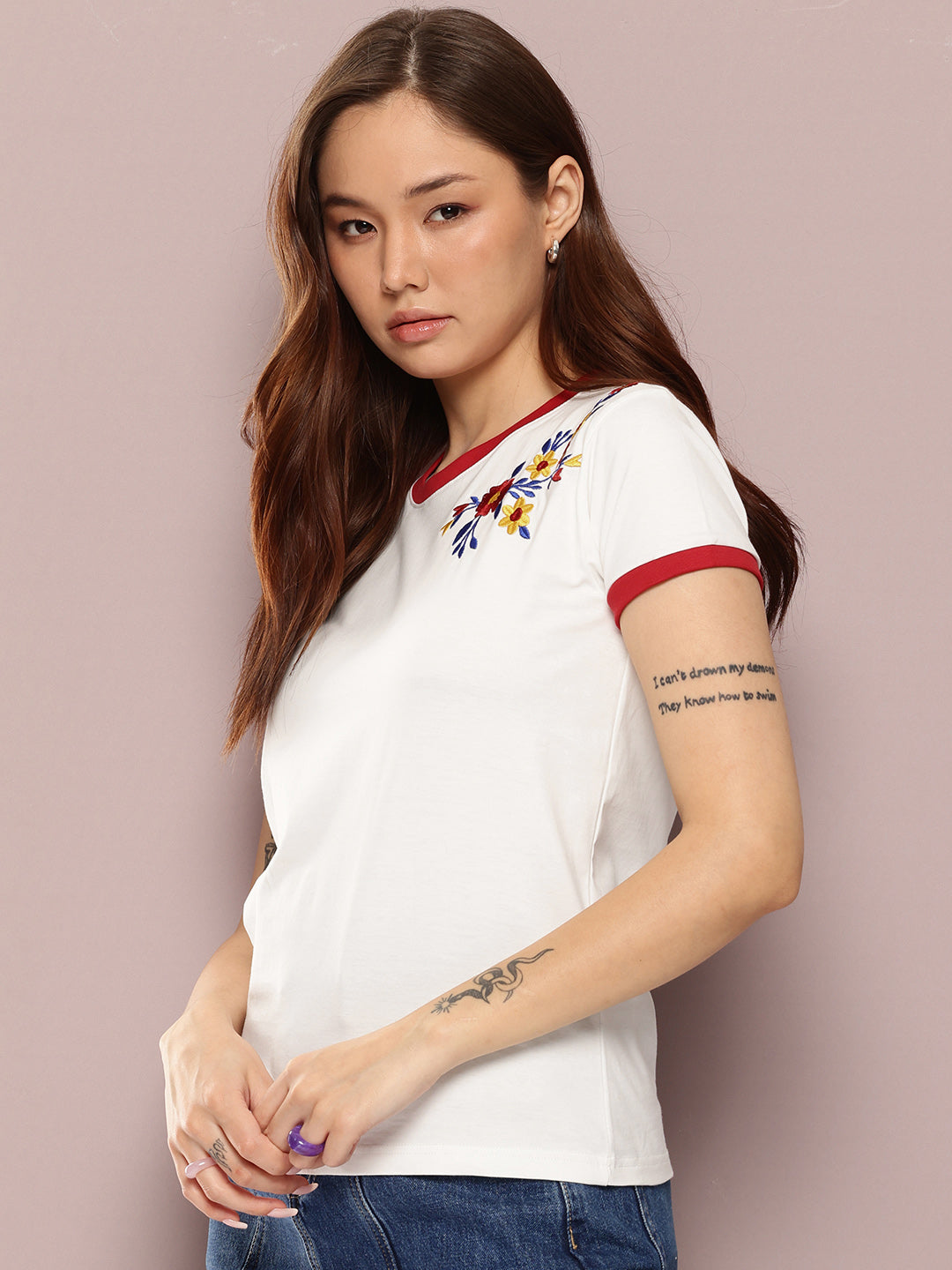 Womens Half Sleeve Round Neck Embroidered Regular Fit Tshirts