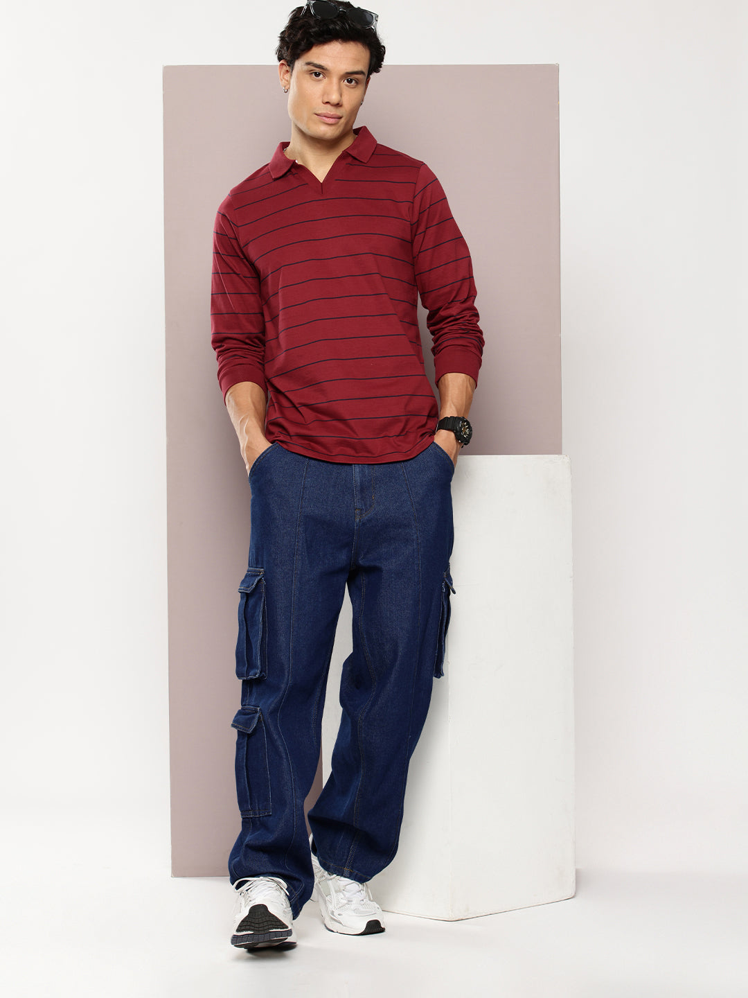 Mens Full Sleeve Polo Neck Striped Regular Fit Tshirts
