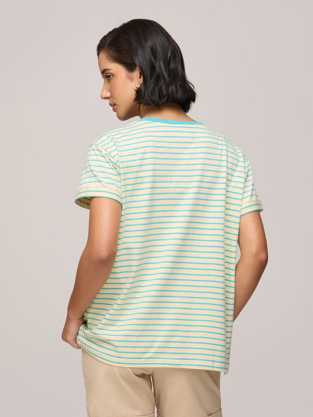 Womens Striped Boxy Regular Fit Cotton T-Shirt