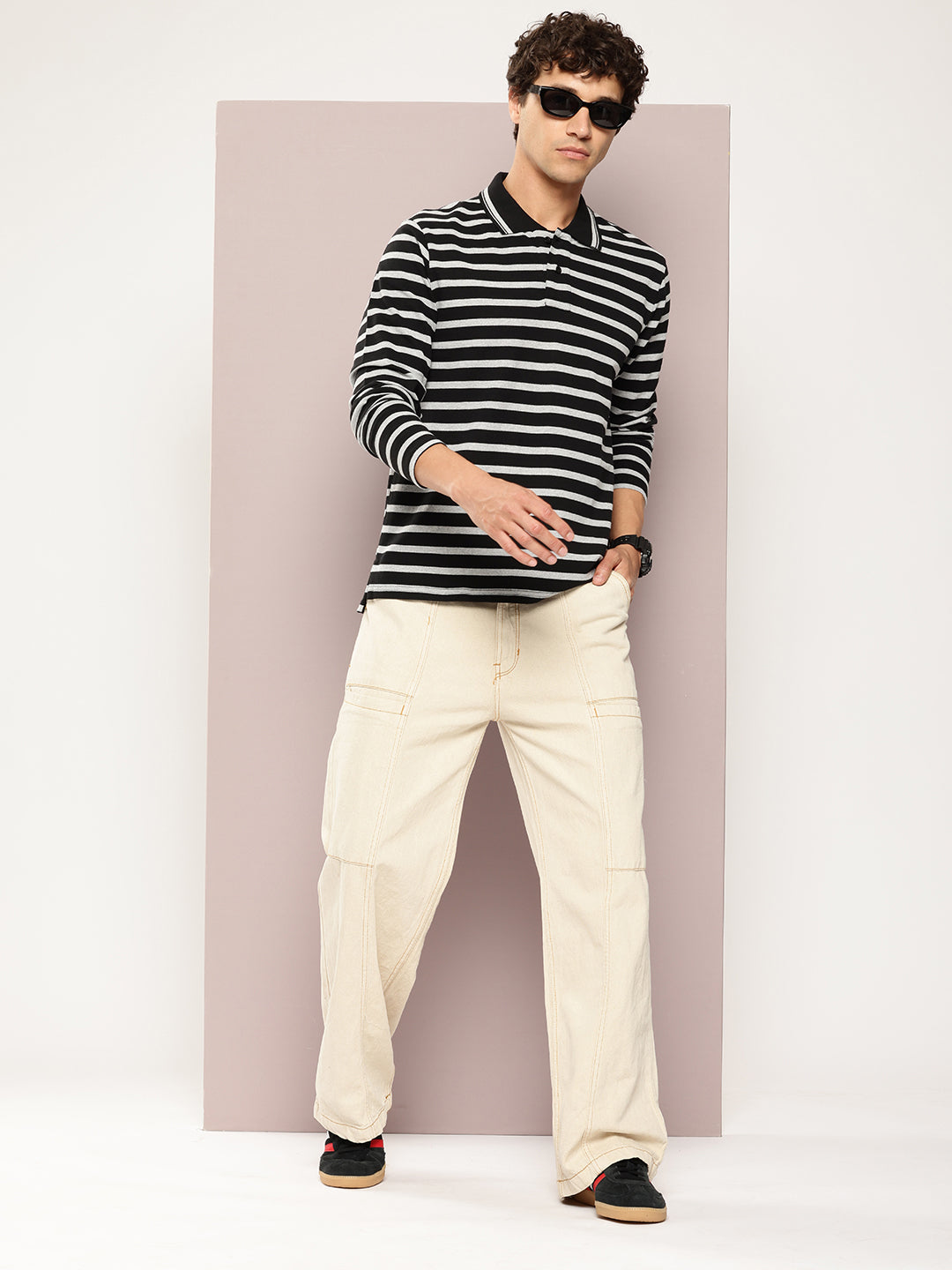 Mens Full Sleeve Polo Neck All-Over Striped Regular Fit Tshirts