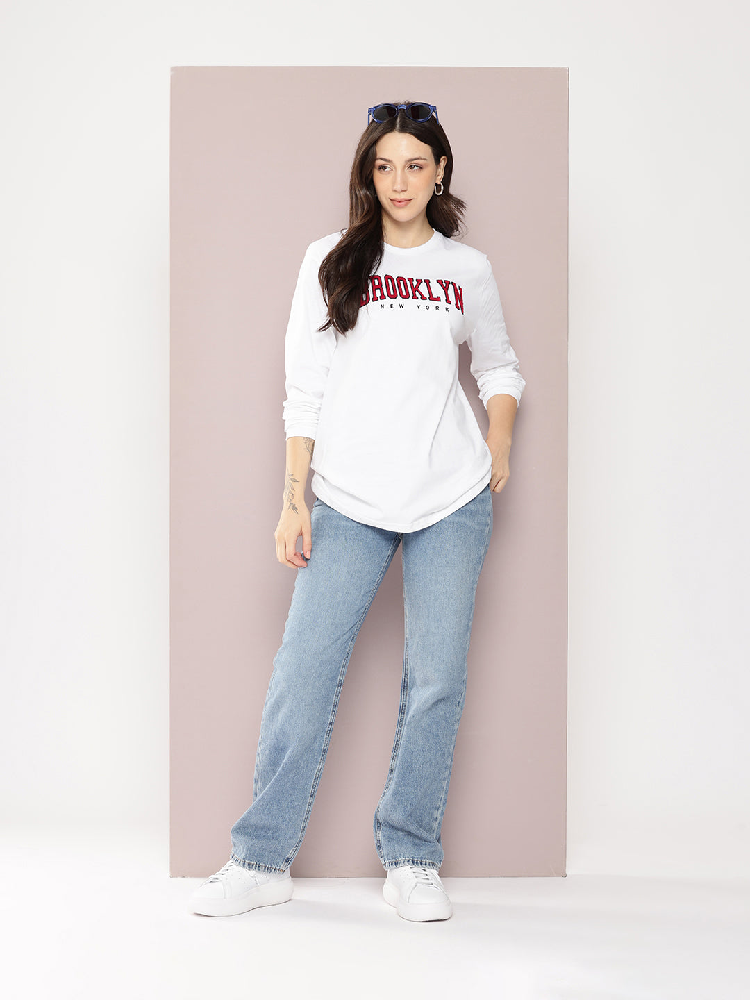 Womens Full Sleeve Round Neck Embroidered Oversized Fit Tshirts