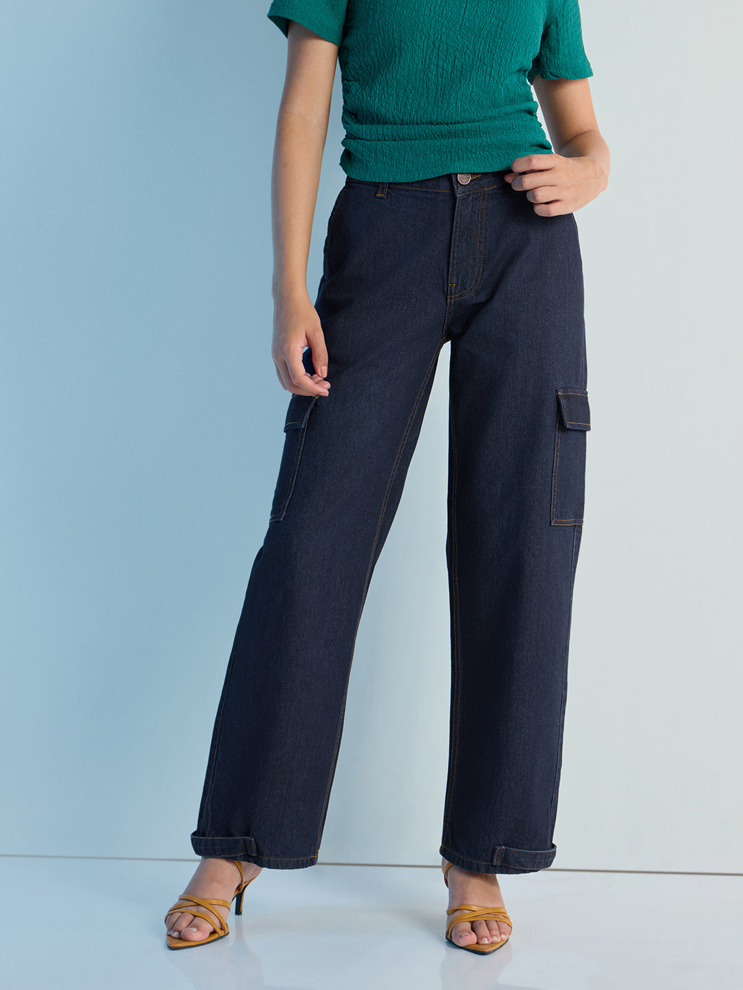 Womens Straight Fit Cargo Denim Jeans Pant