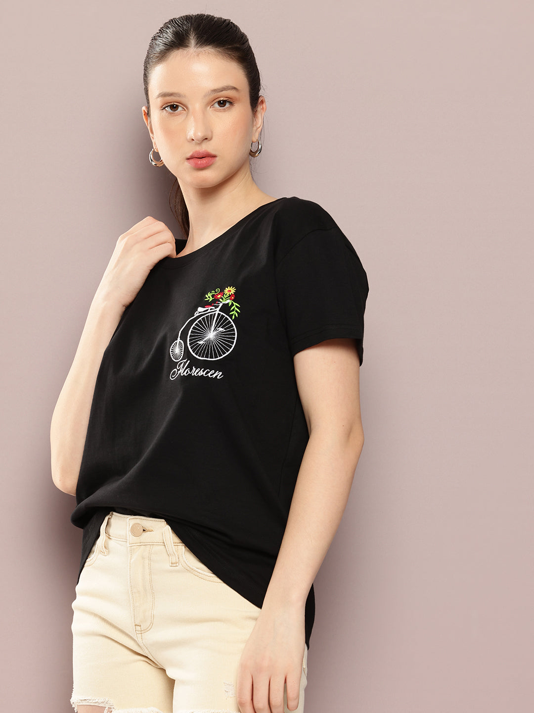 Womens Half Sleeve Round Neck Embroidery Boxy Fit Tshirts