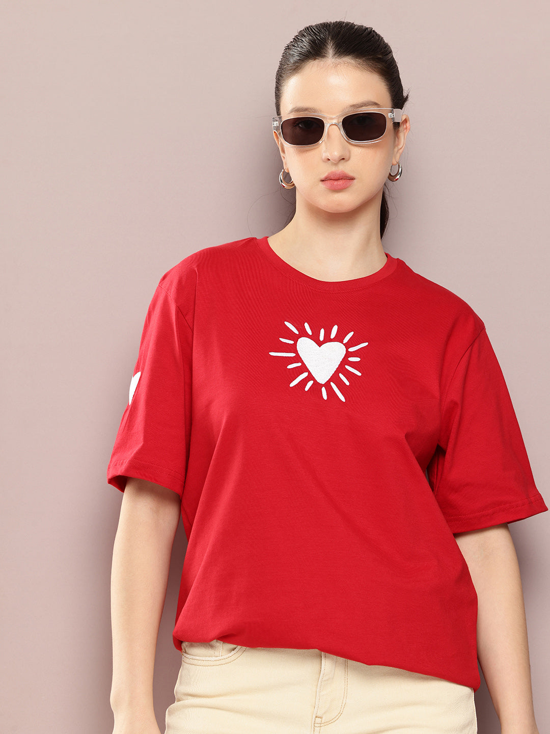 Womens Half Sleeve Round Neck Embroidery Oversized Fit Tshirts