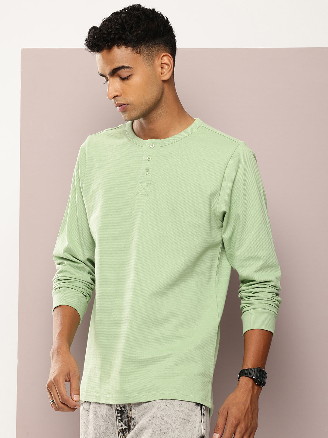 Mens Full Sleeve Henley Neck Solid Regular Fit Tshirts