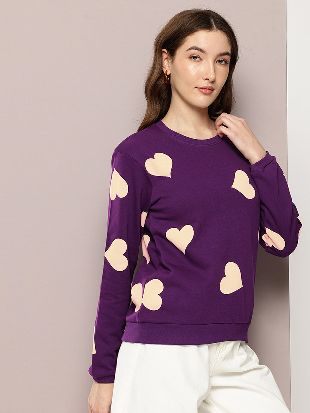 Womens Full Sleeve Round Neck Printed Relaxed Fit Tshirts