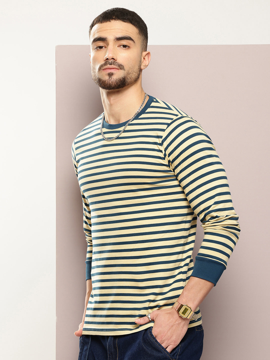 Mens Full Sleeve Round Neck Striped Regular Fit Tshirts