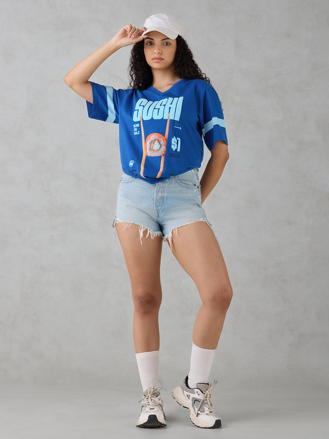 Womens Half Sleeve Puff Printed Oversized Fit V-Neck Tshirt