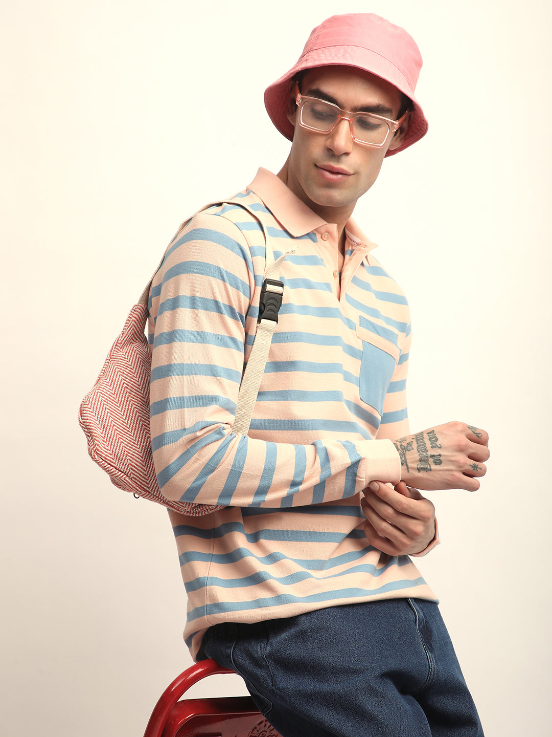 Mens Full Sleeve Polo Neck All-Over Striped Regular Fit Tshirts