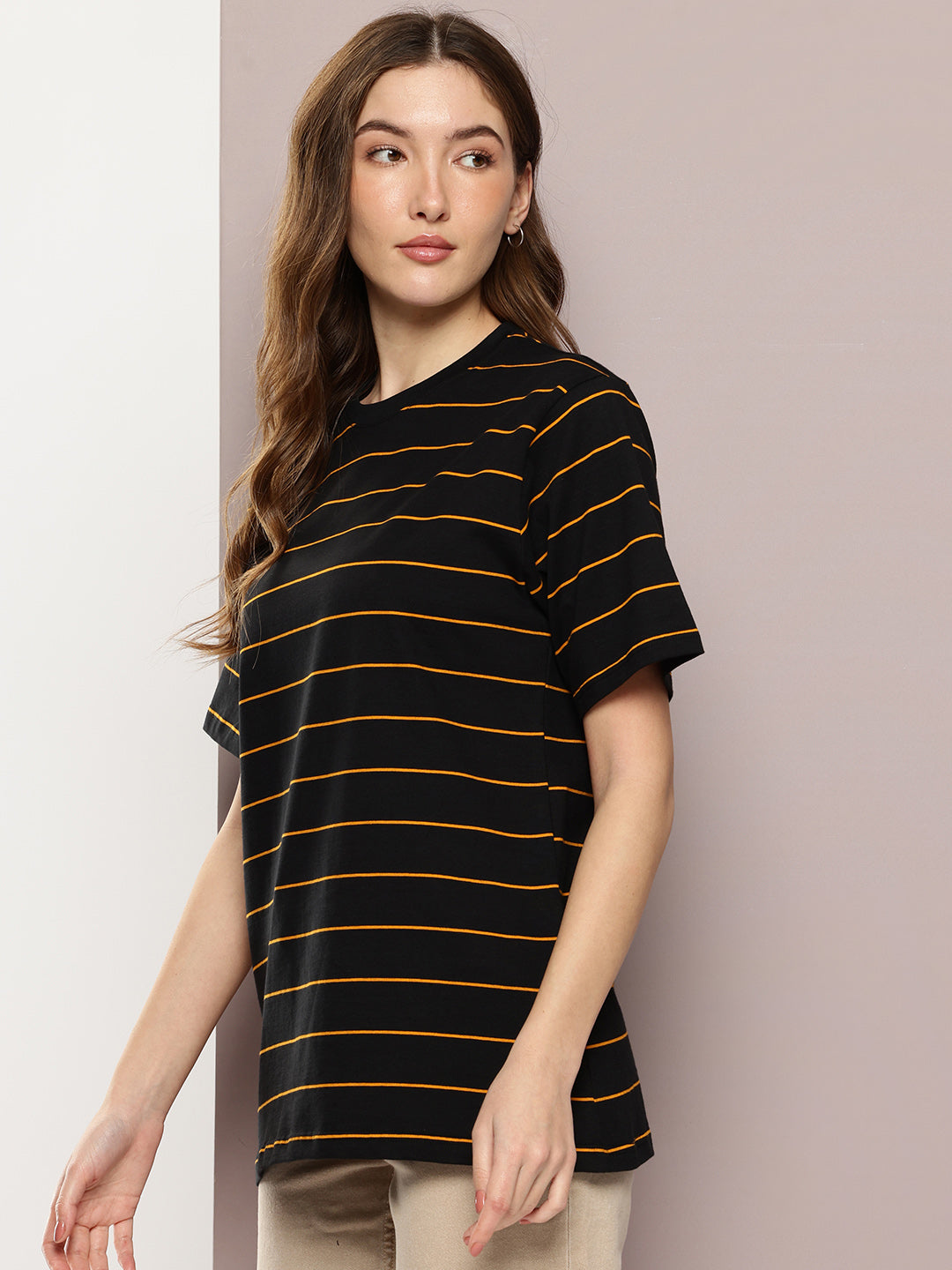 Womens Half Sleeve Round Neck Striped Oversized Fit Tshirts