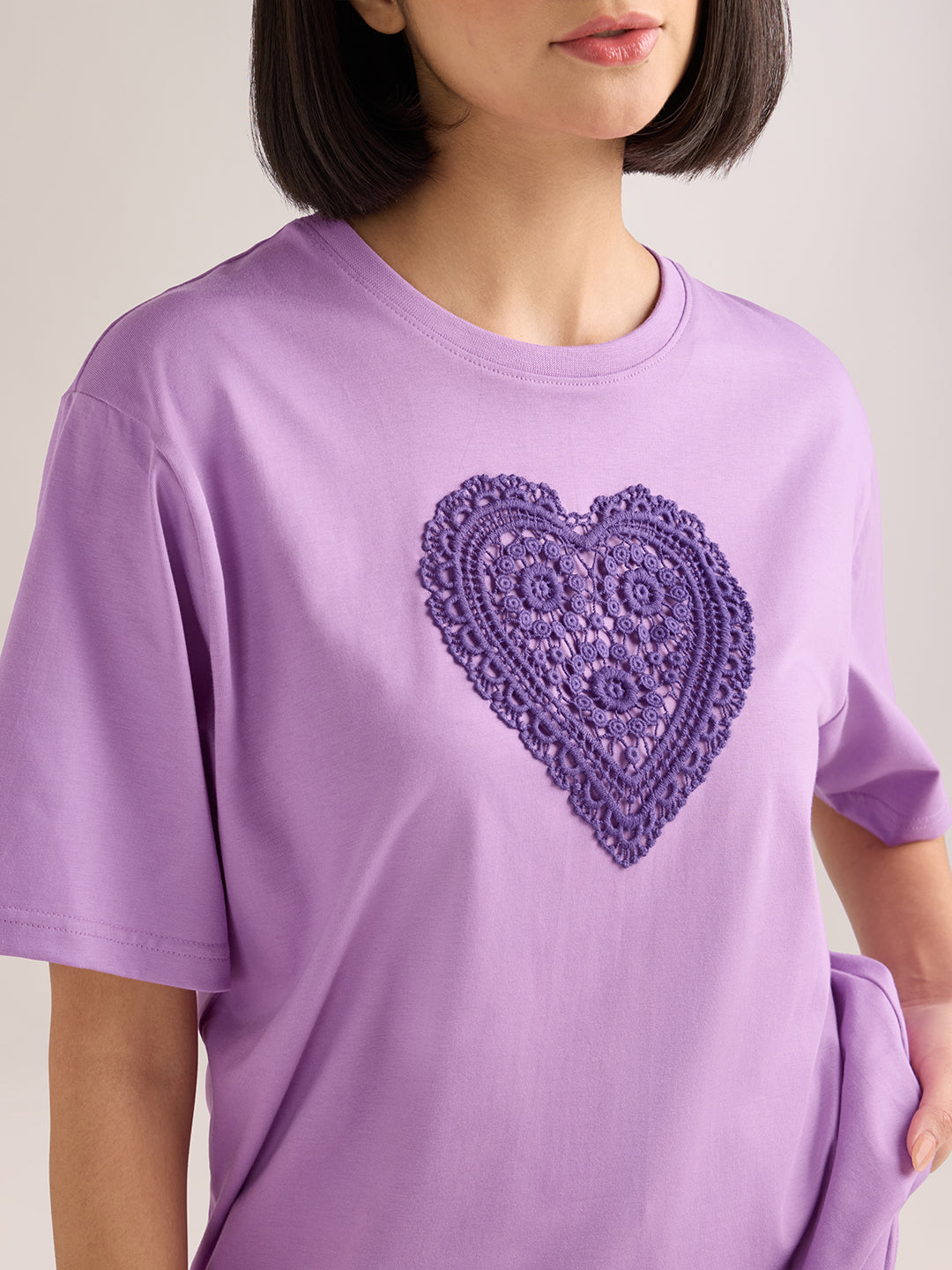 Womens Laces Detailed Oversized Round Neck Cotton Tshirt