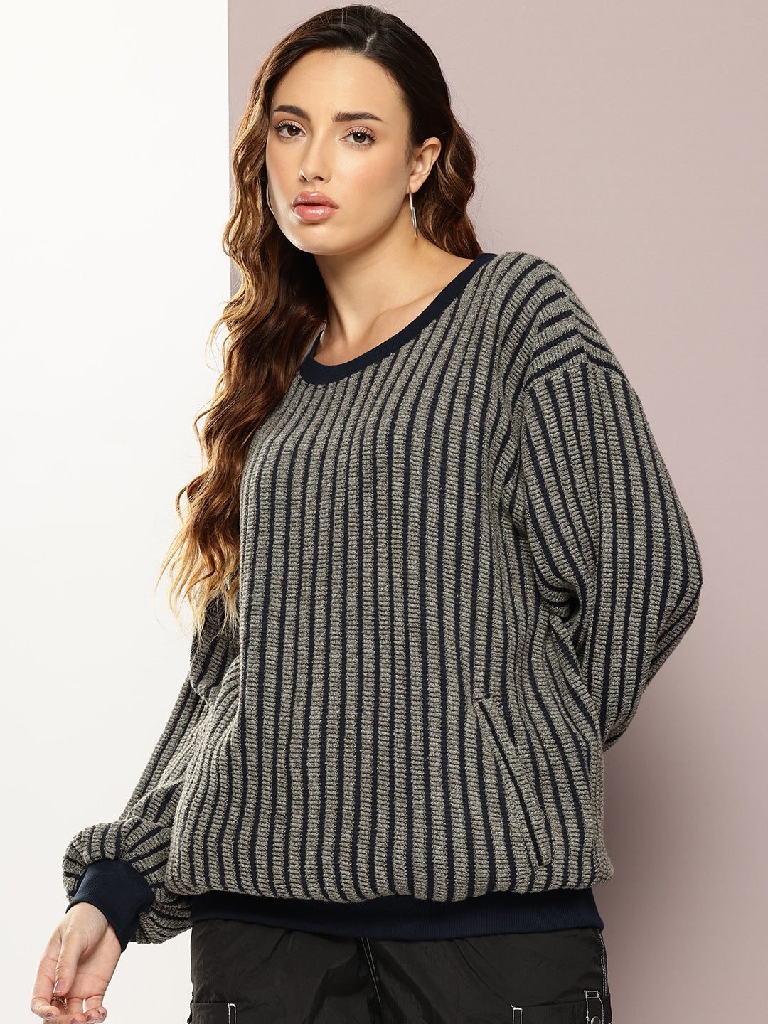 Women Long Sleeve Oversized Striped Sweatshirt