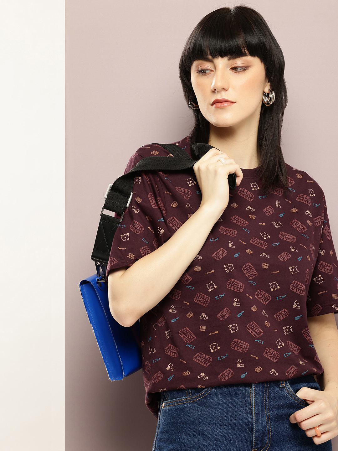 Womens Half Sleeve Round Neck All-Over Printed Oversized Fit Tshirts