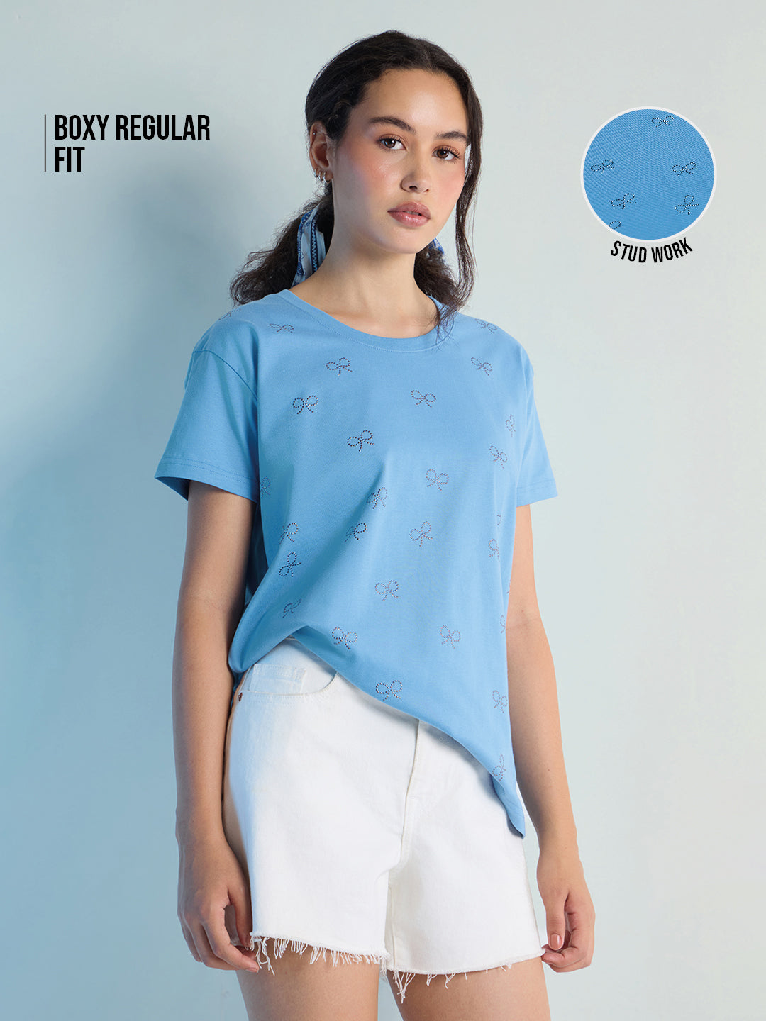 Womens Stud Detailed Boxy Regular Round Neck Tshirt 