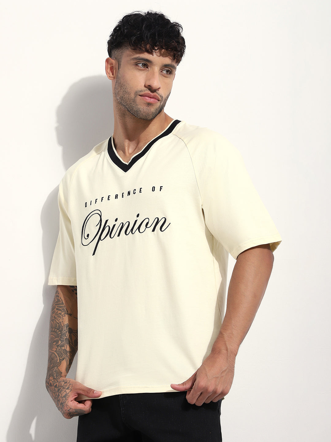 Mens Half Sleeve V-Neck Embroidered Oversized Fit Tshirts