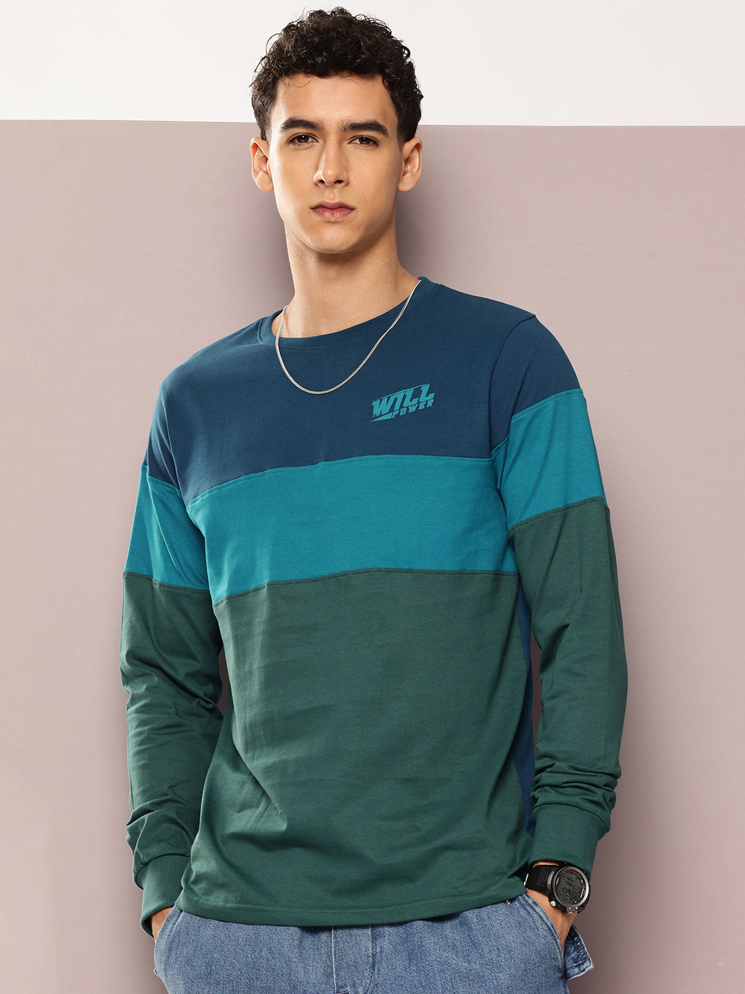 Mens Full Sleeve Round Neck Colourblocked Regular Fit Tshirts