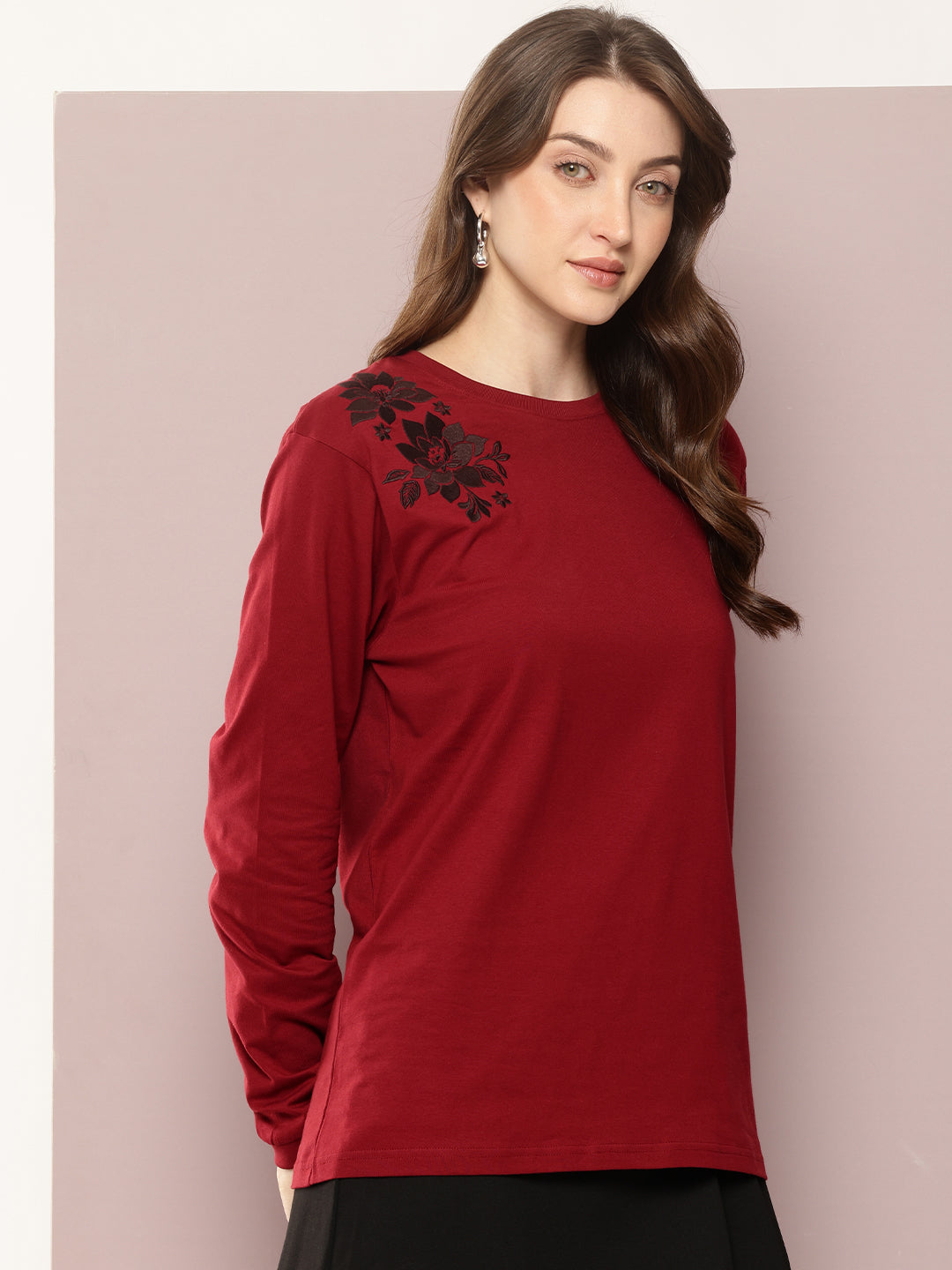 Womens Full Sleeve Round Neck Embroidered Oversized Fit Tshirts