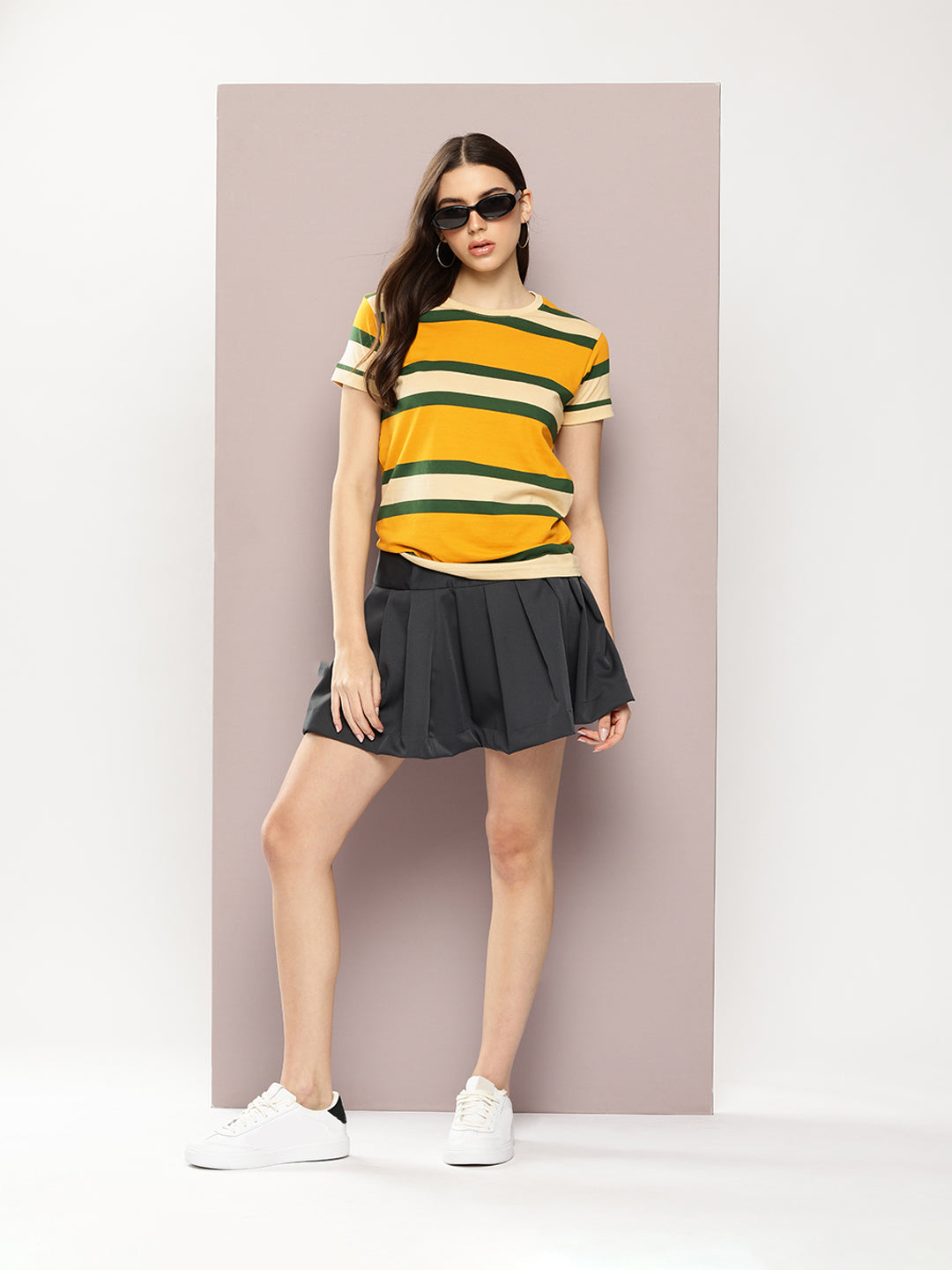 Womens Half Sleeve Round Neck All-Over Striped Regular Fit Tshirts