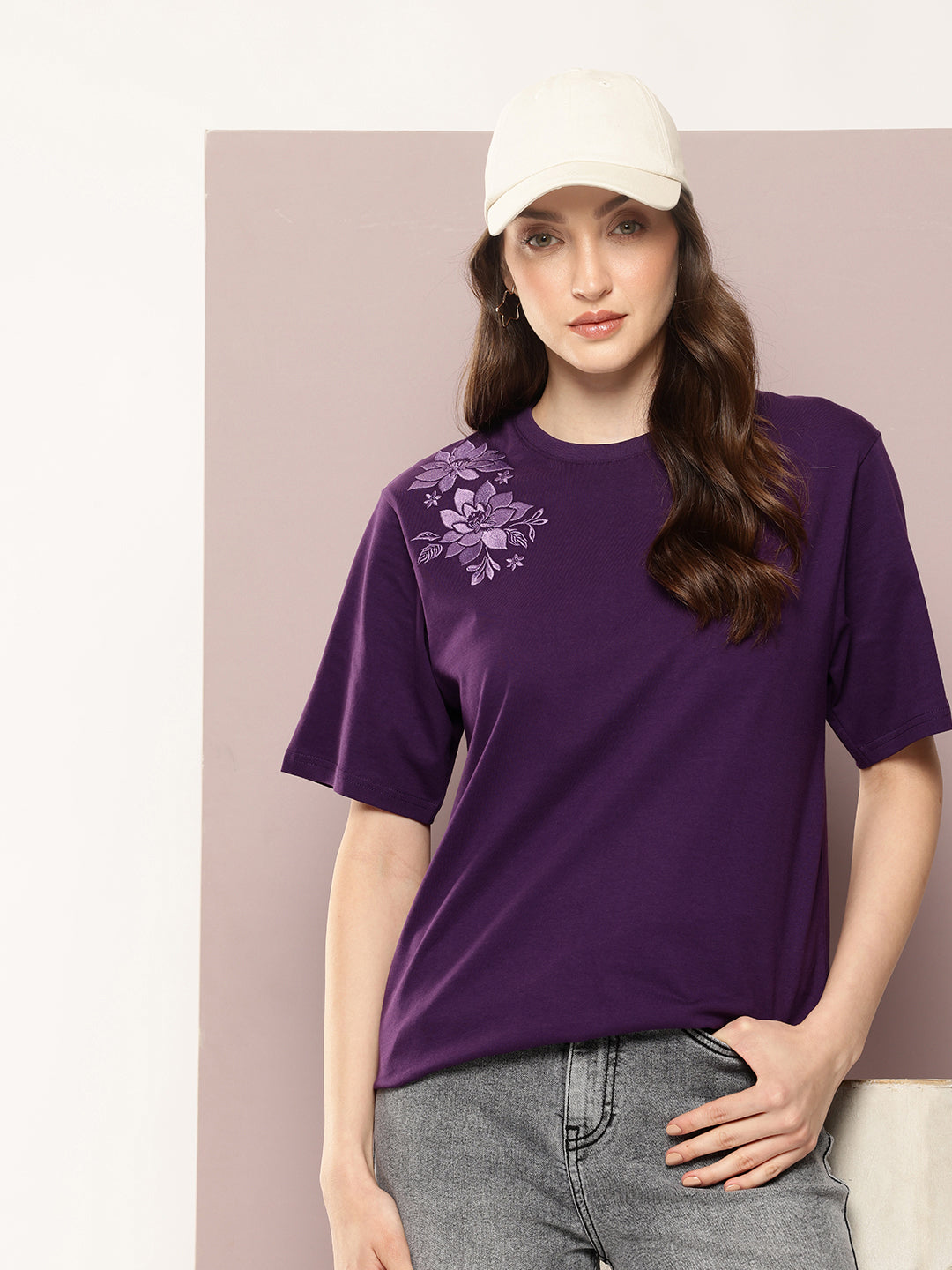 Womens Half Sleeve Round Neck Embroidered Oversized Fit Tshirts