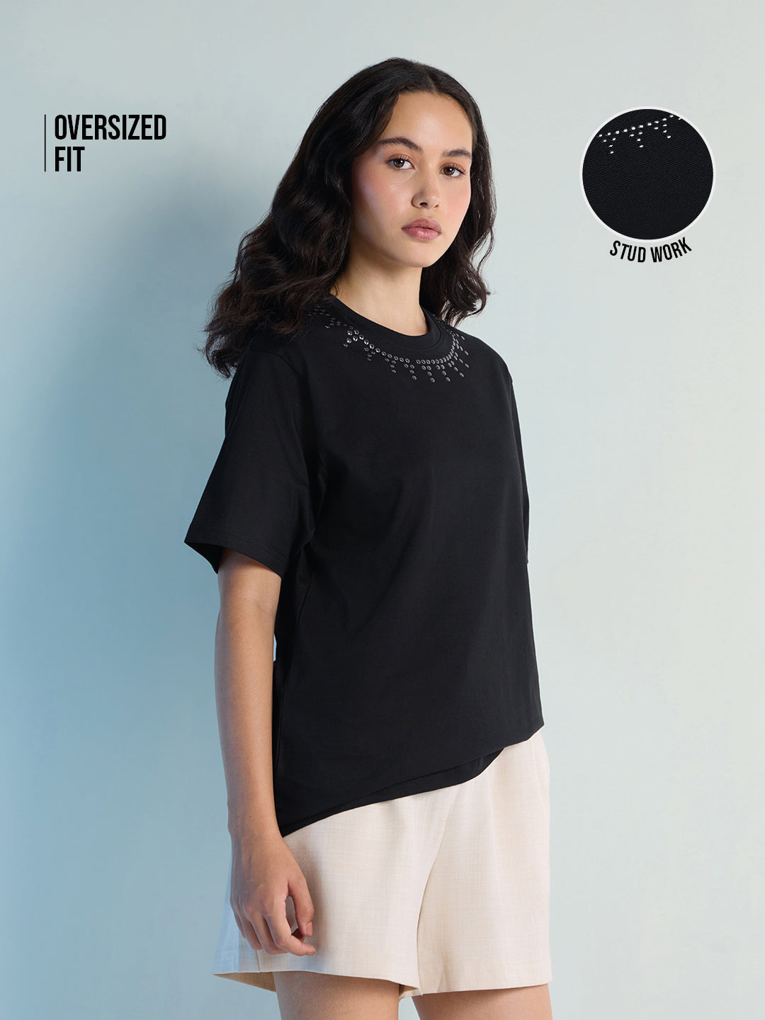 Womens Stud Detailed Oversized Round Neck Tshirt 