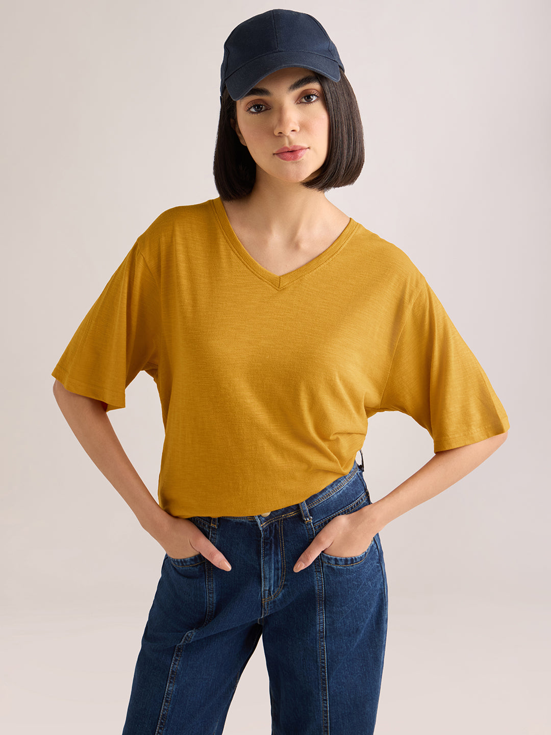 Womens Solid Oversized Cotton Modal V-Neck Tshirt