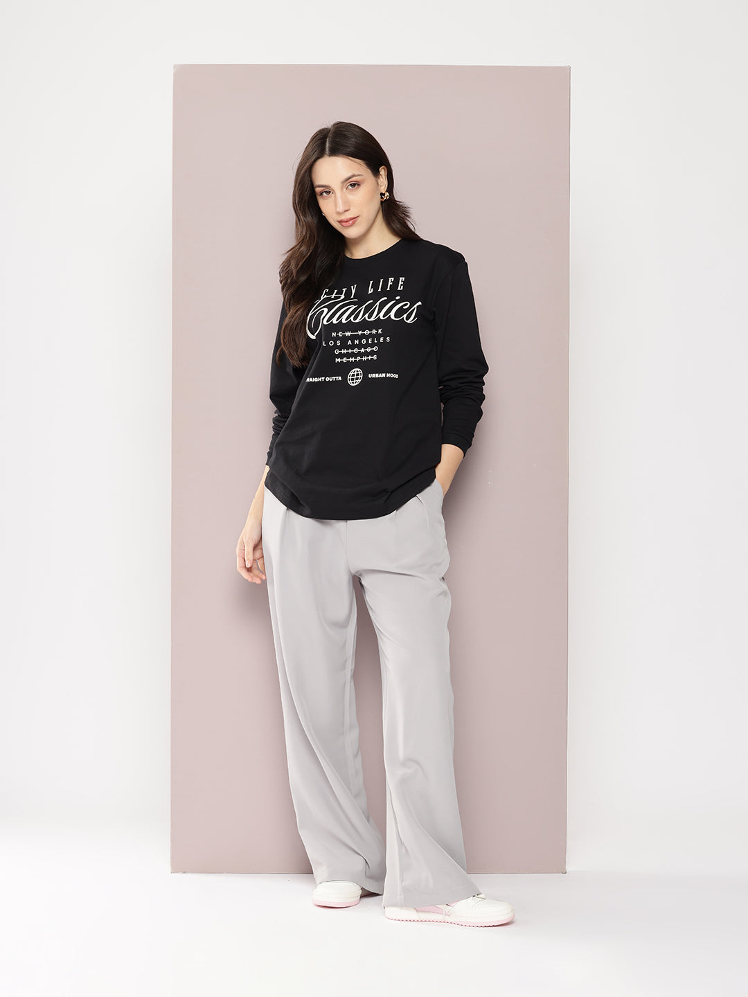 Womens Full Sleeve Round Neck Printed Oversized Fit Tshirts