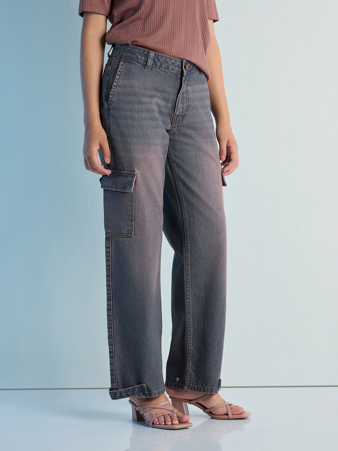 Womens Straight Fit Cargo Denim Jeans Pant