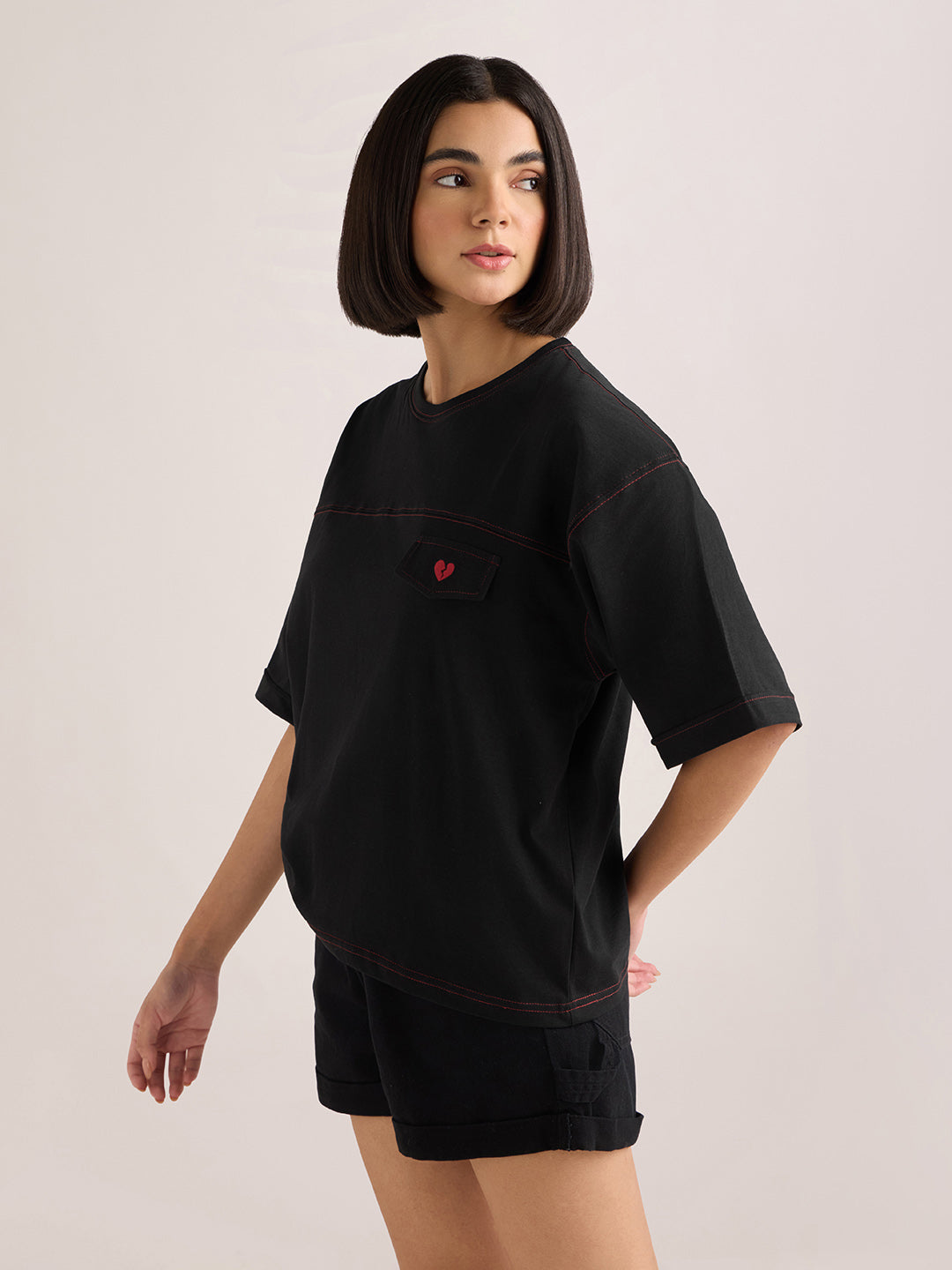 Womens Embroidery Boxy Regular Fit Cut & Sew Cotton Tshirt