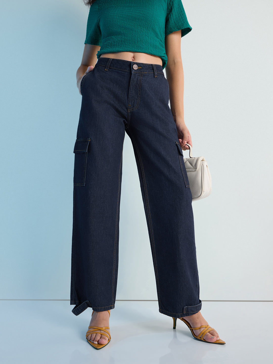 Womens Straight Fit Cargo Denim Jeans Pant