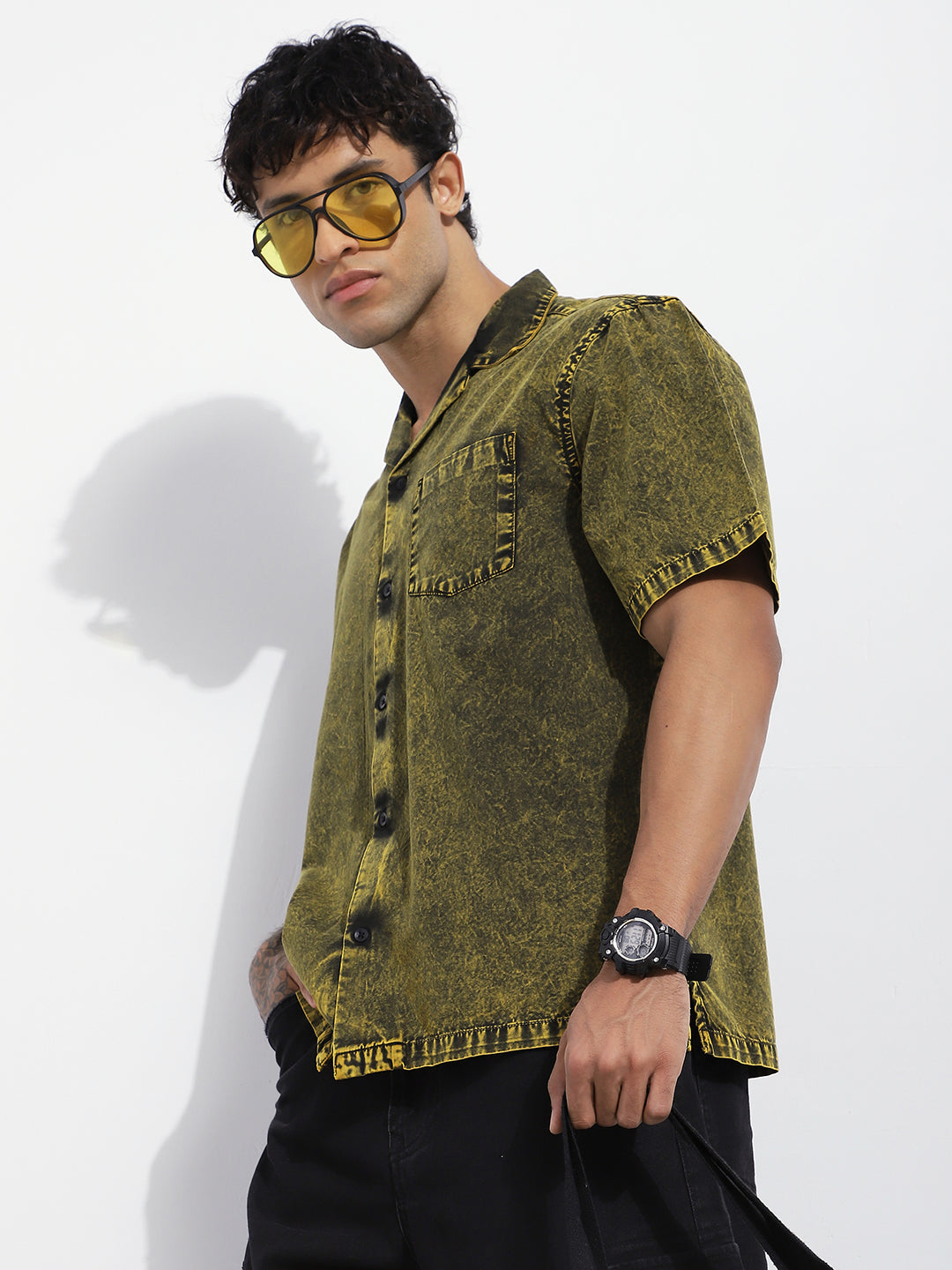 Men Boxy Regular Acid Washed Solid & Pocket Shirt