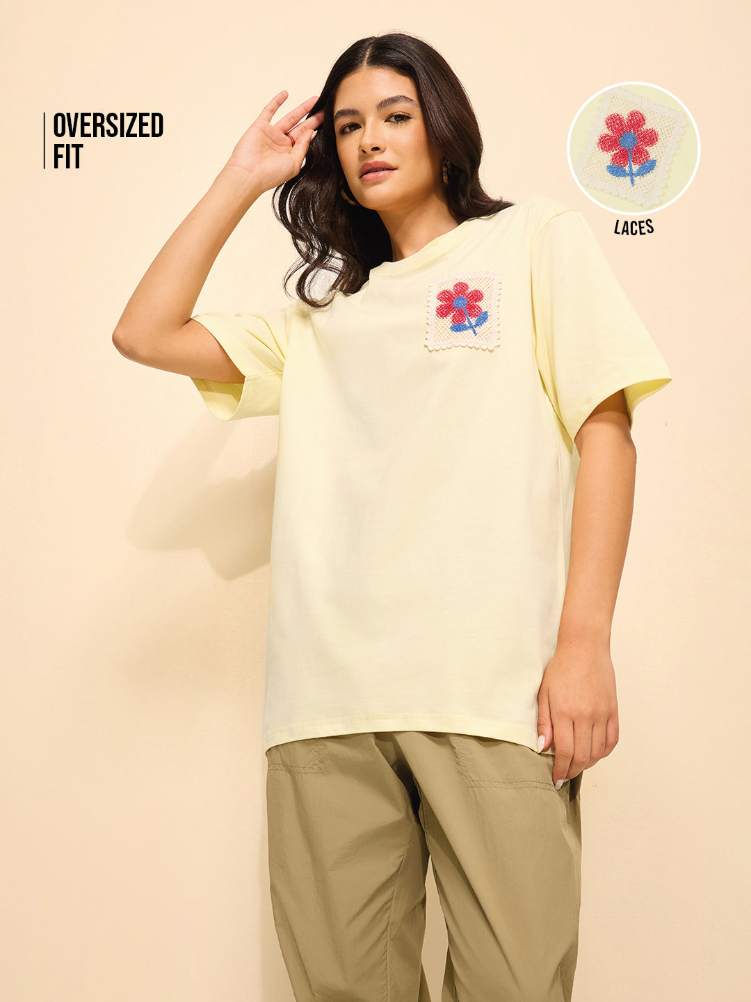 Womens Laces Detailed Oversized Fit Cotton T-Shirt