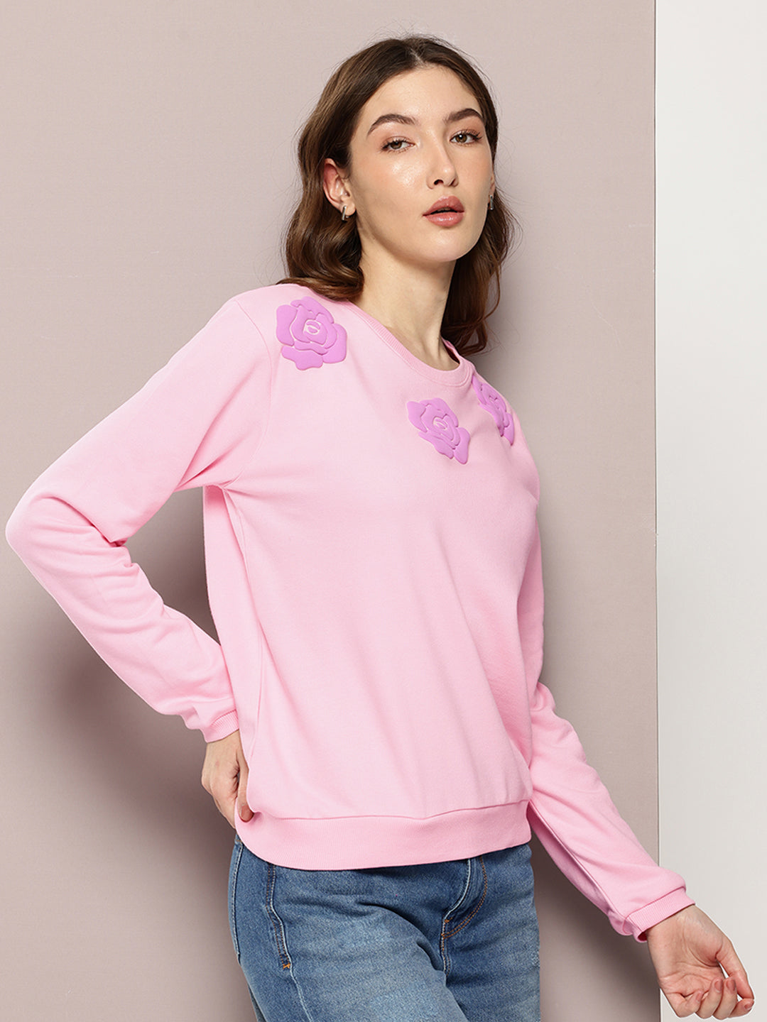 Womens Full Sleeve Round Neck Embellished Relaxed Fit Tshirts