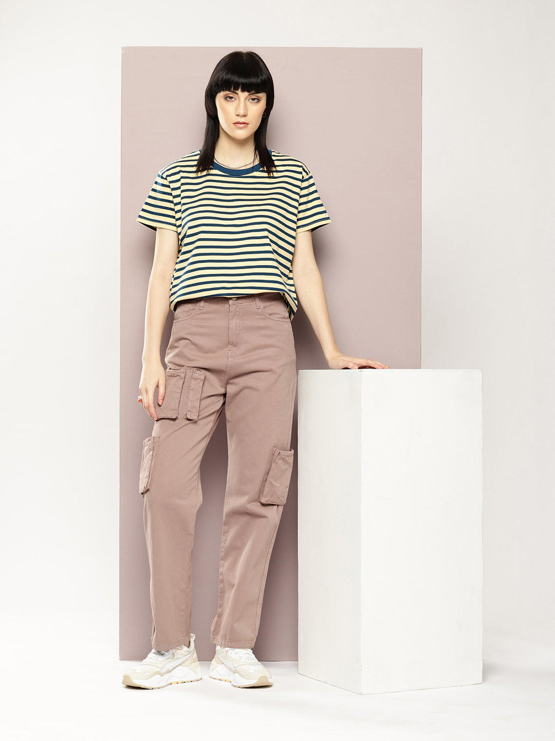 Womens Half Sleeve Round Neck Striped Boxy Fit Tshirts